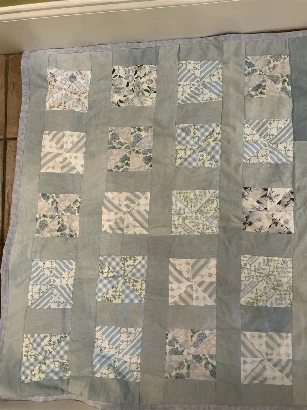 Handmade Light Blue Patchwork Quilt - Soft Floral & Stripe Design